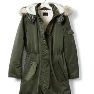 Banana Republic forest green faux fur hooded parka jacket size XXS